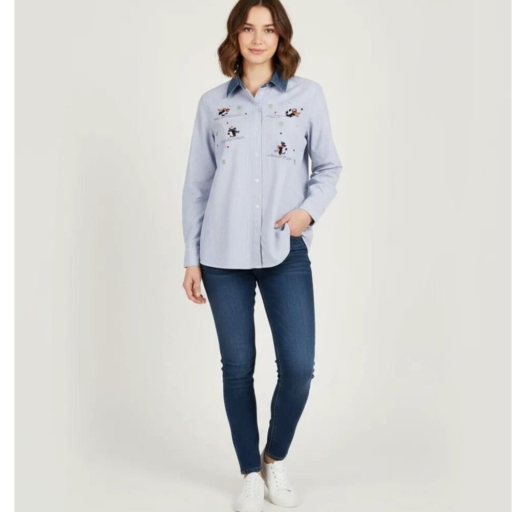 Women’s Striped Skating Penguins Winter Holiday LS Woven Shirt Size L/G (12-14) - Picture 1 of 9